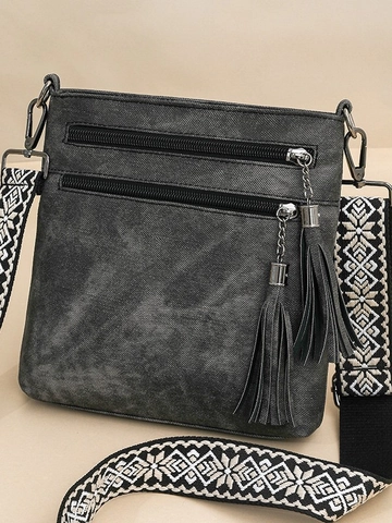 Vintage PU Leather Crossbody Bag For Women Multi Zipper Pocket Small Square Shoulder Bag With Wide Jacquard Strap Tassel