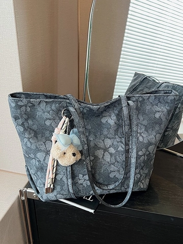 Women Large Capacity PU Leather Floral Print Tote Bag Casual Commuting Shoulder Bag With Plush Bear Pendant