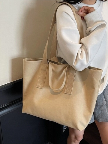 Grote Capaciteit Canvas Draagtas voor Dames Effen Kleur Casual Schoudertas Pendelaar School Shopping Handtas