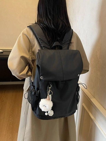 Sac à Dos en Nylon de Grande Capacité pour Femmes Mode Style Coréen Imperméable Navette Étudiant Sac d'École Avec Pendentif en Peluche