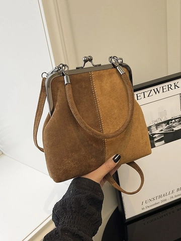 Sac Bandoulière Vintage En Daim Avec Fermoir Baiser Pour Femmes Forme Coquille Sac À Main Cadre Métallique Coutures Patchwork