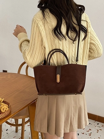 Bolso Bombonera Vintage de Gamuza Sintética Esmerilada para Mujer Gran Capacidad Bolso de Bandolera Casual Elegante Bolso de Mano Retro