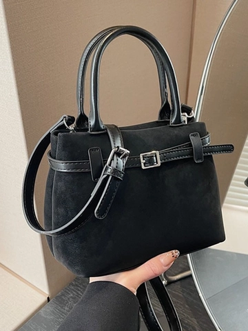 Vintage Frosted PU Leather Bucket Bag For Women Fashion Crossbody Shoulder Bag With Belt Buckle Decor Solid Color Commute Purse