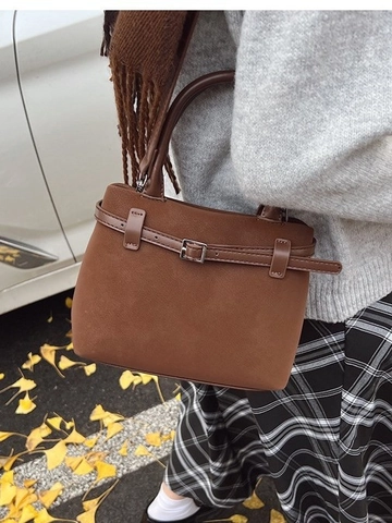 Vintage Frosted PU Leather Bucket Bag For Women Fashion Crossbody Shoulder Bag With Belt Buckle Decor Solid Color Commute Purse