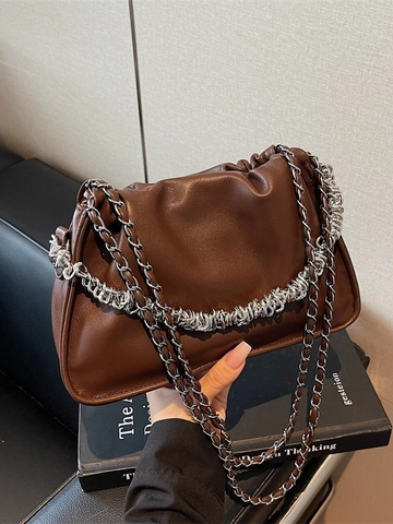 Korean Fashion Pleated Chain Underarm Bucket Bag For Women PU Leather Casual Cloud Pouch Crossbody Shoulder Handbag