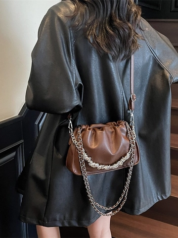 Korean Fashion Pleated Chain Underarm Bucket Bag For Women PU Leather Casual Cloud Pouch Crossbody Shoulder Handbag