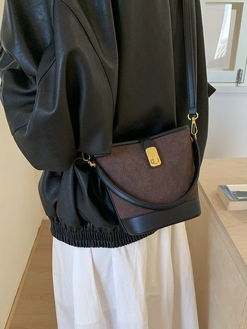 Sac Seau Vintage en Cuir PU Matelassé pour Femmes Mode Patchwork Sac à Main Sac à Épaule Serrure Or Décontracté Navetteur