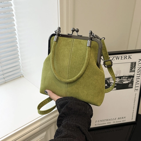 Women Vintage Faux Suede Kiss-lock Handbag Retro Colorblock Doctor Bag Small Shoulder Crossbody Bag With Adjustable Strap Shell Bag