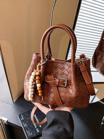 Women's Woven PU Leather Bucket Bag Vintage Crossbody Shoulder Bag With Beaded Charm Solid Color Handbag For Daily Use