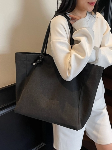 Vintage Canvas Tote Bag Large Capacity Minimalist Shoulder Bag Solid Color Versatile Commuter Handbag Women Fashion Bag