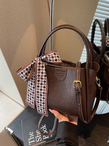 Vintage PU Leather Bucket Bag For Women Fashion Crossbody Handbag With Scarf Decoration Minimalist Shoulder Bag For Commuting