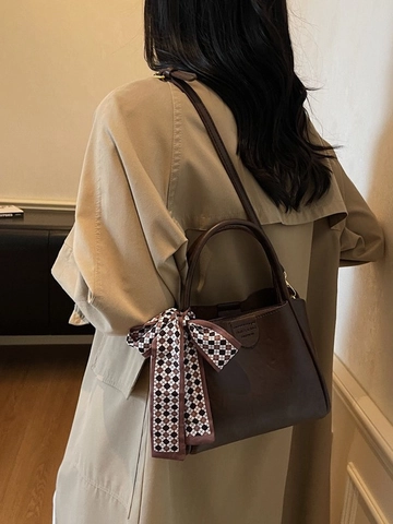 Vintage PU Leather Bucket Bag For Women Fashion Crossbody Handbag With Scarf Decoration Minimalist Shoulder Bag For Commuting