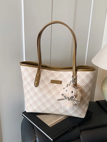 Sac à Épaule Fourre-tout en Cuir PU à Carreaux Vintage Grande Capacité pour Femmes Sac à Main de Bureau avec Peluche