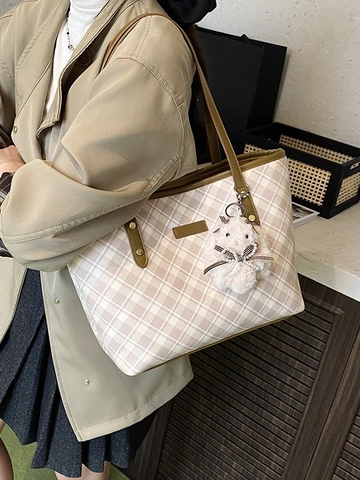 Sac à Épaule Fourre-tout en Cuir PU à Carreaux Vintage Grande Capacité pour Femmes Sac à Main de Bureau avec Peluche