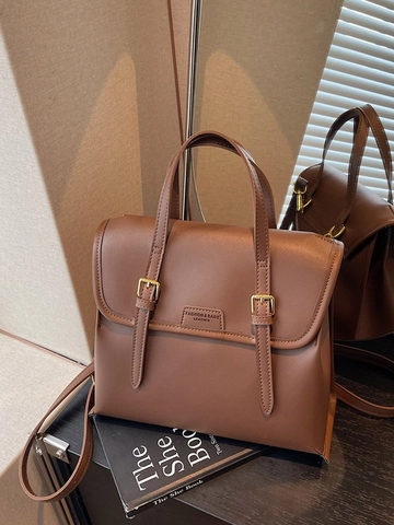 Mochila de Cuero PU Retro de Color de Contraste para Mujer Bolso de Mano de Gran Capacidad Versátil Escuela Viaje Con Hebilla