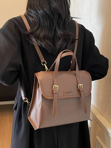 Mochila de Cuero PU Retro de Color de Contraste para Mujer Bolso de Mano de Gran Capacidad Versátil Escuela Viaje Con Hebilla