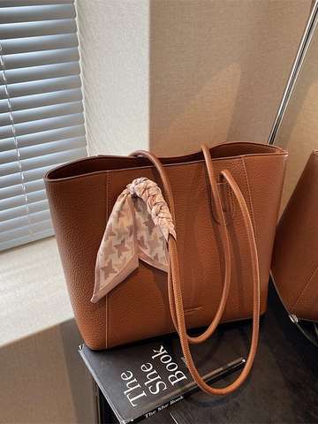 Sac Fourre-tout Grande Capacité Femmes Mode Texture Litchi Cuir PU Sac à Épaule Avec Foulard Pied-de-poule Main