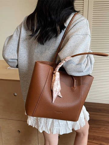 Sac Fourre-tout Grande Capacité Femmes Mode Texture Litchi Cuir PU Sac à Épaule Avec Foulard Pied-de-poule Main