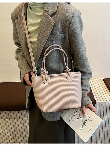 Damen Falten Rippen Eimertasche PU Leder Große Kapazität Umhängetasche Mit Knotengriff Minimalistische Pendler Handtasche