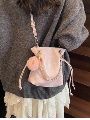Fashion Women PU Leather Bucket Bag Minimalist Drawstring Crossbody Bag With Chain Strap And Plush Ball Charm Commuting Shoulder Bag