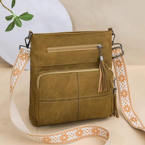 Vintage PU Leather Quilted Bucket Bag With Embroidered Wide Strap Tassel Detail For Women Retro Crossbody Shoulder Bag