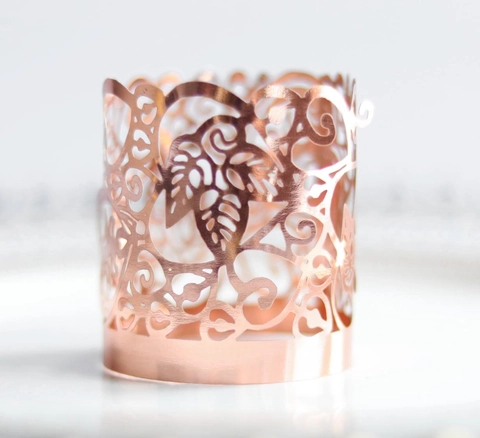 Laser Cut Rose Gold Paper Candle Shade Wrappers Hollow Floral Pattern For LED Tealight Birthday Wedding Party Table Decor
