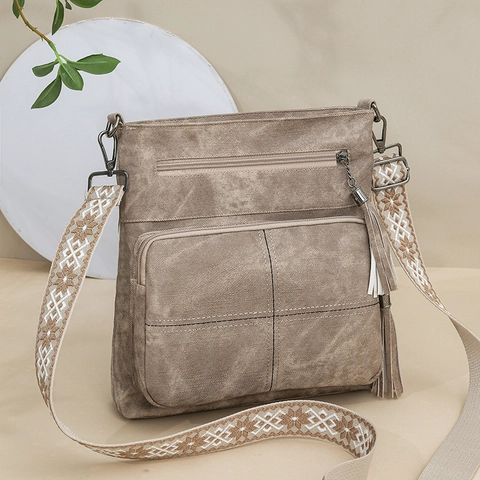 Vintage PU Leather Quilted Bucket Bag With Embroidered Wide Strap Tassel Detail For Women Retro Crossbody Shoulder Bag