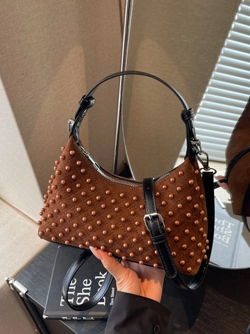 Women Retro PU Leather Dumpling Bag With Studded Artificial Pearl Decoration Rhombus Quilted Hobo Crossbody Bag Shoulder Bag