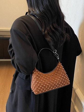 Women Retro PU Leather Dumpling Bag With Studded Artificial Pearl Decoration Rhombus Quilted Hobo Crossbody Bag Shoulder Bag