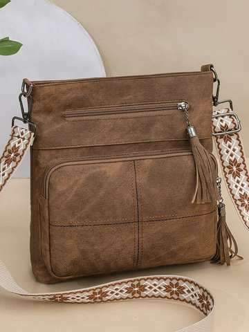 Sac Bandoulière Tendance en Cuir PU Petit Sac Carré pour Femme Avec Glands et Sangle Ethnique Sac à Épaule Mode Multi Zip