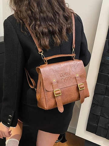 Vintage PU Leather Large Capacity Backpack For Women Retro Multi-functional Commuter Shoulder Bag Solid Color Fashion Handbag