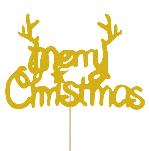 Gold Glitter Merry Christmas Cake Topper Reindeer Antler Snowman Snowflake Festive Cardboard Party Decor Cake Insert
