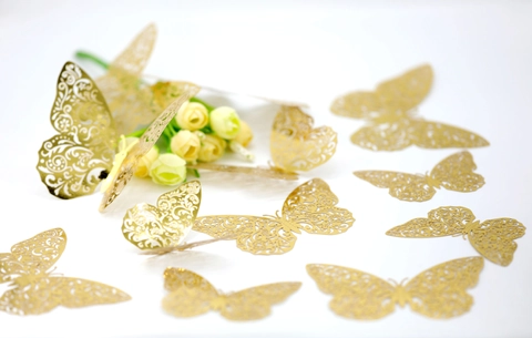 Metallisch Goldene Hohl Schmetterling Wandaufkleber 3D Perlmuttpapier Laserschnitt Dekorative DIY Dekor Für Zuhause Party Hochzeit