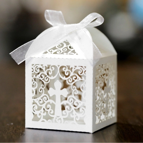 Lasergeschnittene Kreuz Süßigkeitenboxen Hochzeit Favor Geschenkbox Mit Band Für Taufe Religiöse Feier Papier Pralinenschachteln