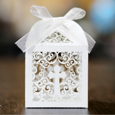 Lasergeschnittene Kreuz Süßigkeitenboxen Hochzeit Favor Geschenkbox Mit Band Für Taufe Religiöse Feier Papier Pralinenschachteln