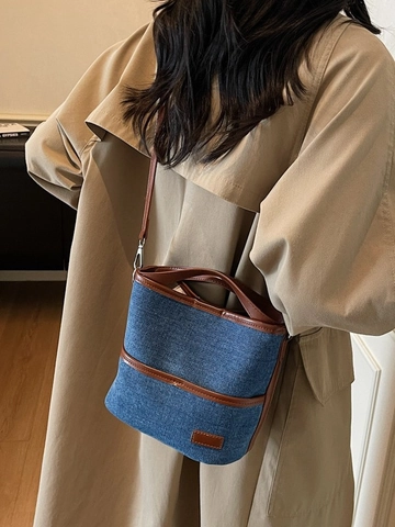 Sac Seau en Denim Vintage pour Femmes Sac à Main Bandoulière Décontracté Grande Capacité Épissage Cuir PU Mode