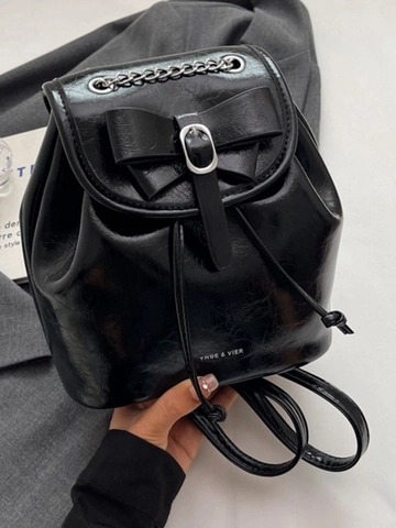 Vintage PU Leder Schleife Mini Rucksack Für Damen Glänzendes Metallic Silber Weinrot Schwarz Braun Kette Kordelzug Eimertasche Mode Pendler Tasche