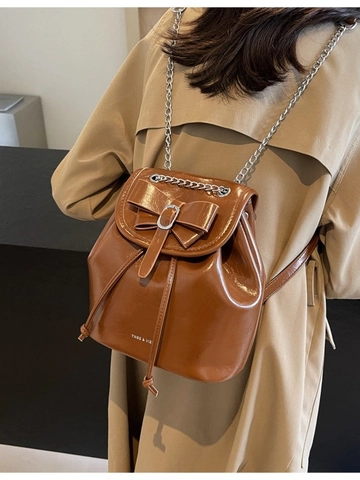 Vintage PU Leder Schleife Mini Rucksack Für Damen Glänzendes Metallic Silber Weinrot Schwarz Braun Kette Kordelzug Eimertasche Mode Pendler Tasche