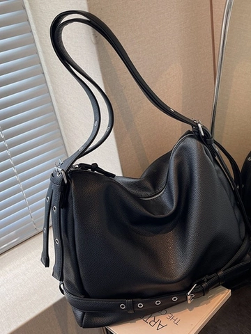 Sac Fourre-tout en Cuir PU Grande Capacité pour Femmes Texture Litchi Sac à Épaule Mode Navettage Oeillets Métalliques