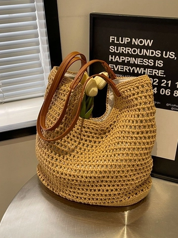 Sac Tote Décontracté pour Femmes en Fil Tissé Avec Poignée en Cuir Synthétique Grand Capacité Sac à Épaule Crochet