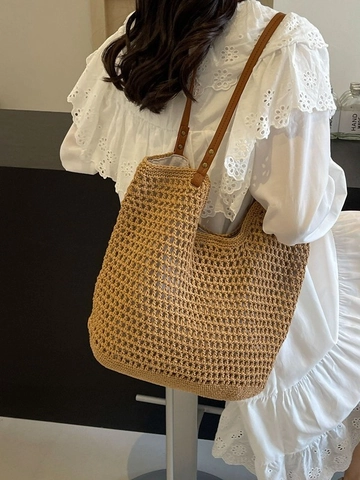 Sac Tote Décontracté pour Femmes en Fil Tissé Avec Poignée en Cuir Synthétique Grand Capacité Sac à Épaule Crochet
