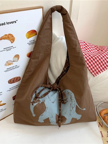 Grand Sac Cabas en Toile pour Femmes Style Hobo Paresseux Imprimé Éléphant Sac à Épaule Avec Nœud en Ruban Écossais Quotidien