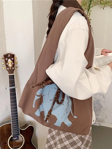 Grand Sac Cabas en Toile pour Femmes Style Hobo Paresseux Imprimé Éléphant Sac à Épaule Avec Nœud en Ruban Écossais Quotidien
