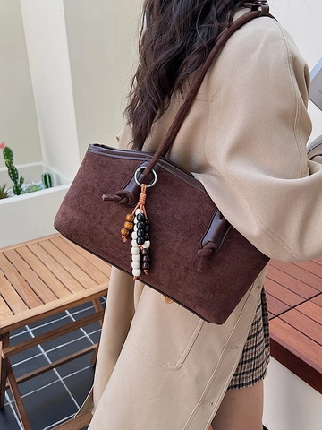 Sac sous le Bras en Daim Rétro pour Femmes Sac à Épaule Givré avec Charme de Perle Sac Fourre-Tout de Grande Capacité Bureau