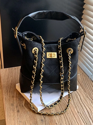 Bolso de Cubo Acolchado Vintage para Mujer de PU Ante Costuras Cadena Hombro Bandolera Gran Capacidad Color Contraste Tote