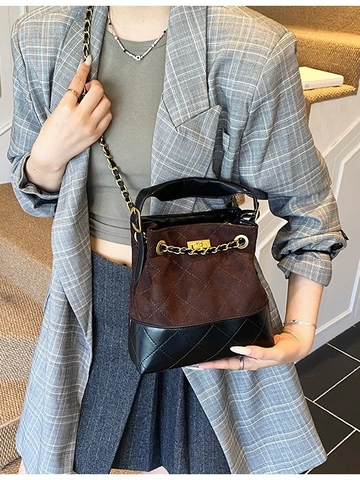 Bolso de Cubo Acolchado Vintage para Mujer de PU Ante Costuras Cadena Hombro Bandolera Gran Capacidad Color Contraste Tote