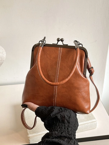 Petit Sac à Bandoulière Vintage en Cuir PU pour Femme Fermoir Kiss-lock Sac à Main Coquille Plissé Élégant pour le Quotidien