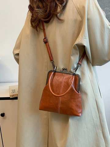 Petit Sac à Bandoulière Vintage en Cuir PU pour Femme Fermoir Kiss-lock Sac à Main Coquille Plissé Élégant pour le Quotidien
