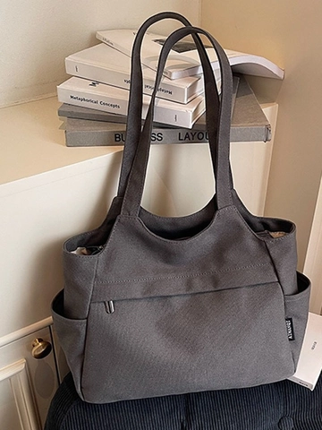 Women Large Capacity Canvas Tote Bag Durable Solid Color Multi Pockets Shoulder Handbag For Casual Travel Commuting Work