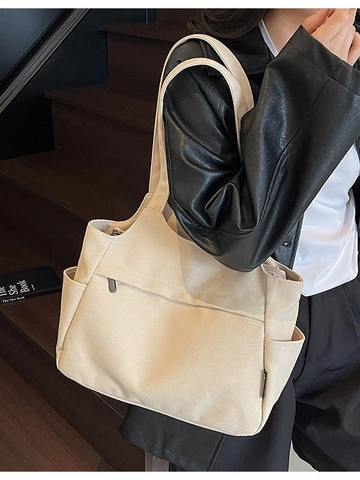 Women Large Capacity Canvas Tote Bag Durable Solid Color Multi Pockets Shoulder Handbag For Casual Travel Commuting Work
